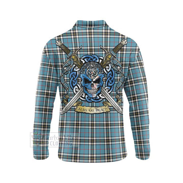 Tartan Vibes Clothing Thompson (Thomson) Tartan Long Sleeve Polo Shirt with Family Crest Celtic Skull Style