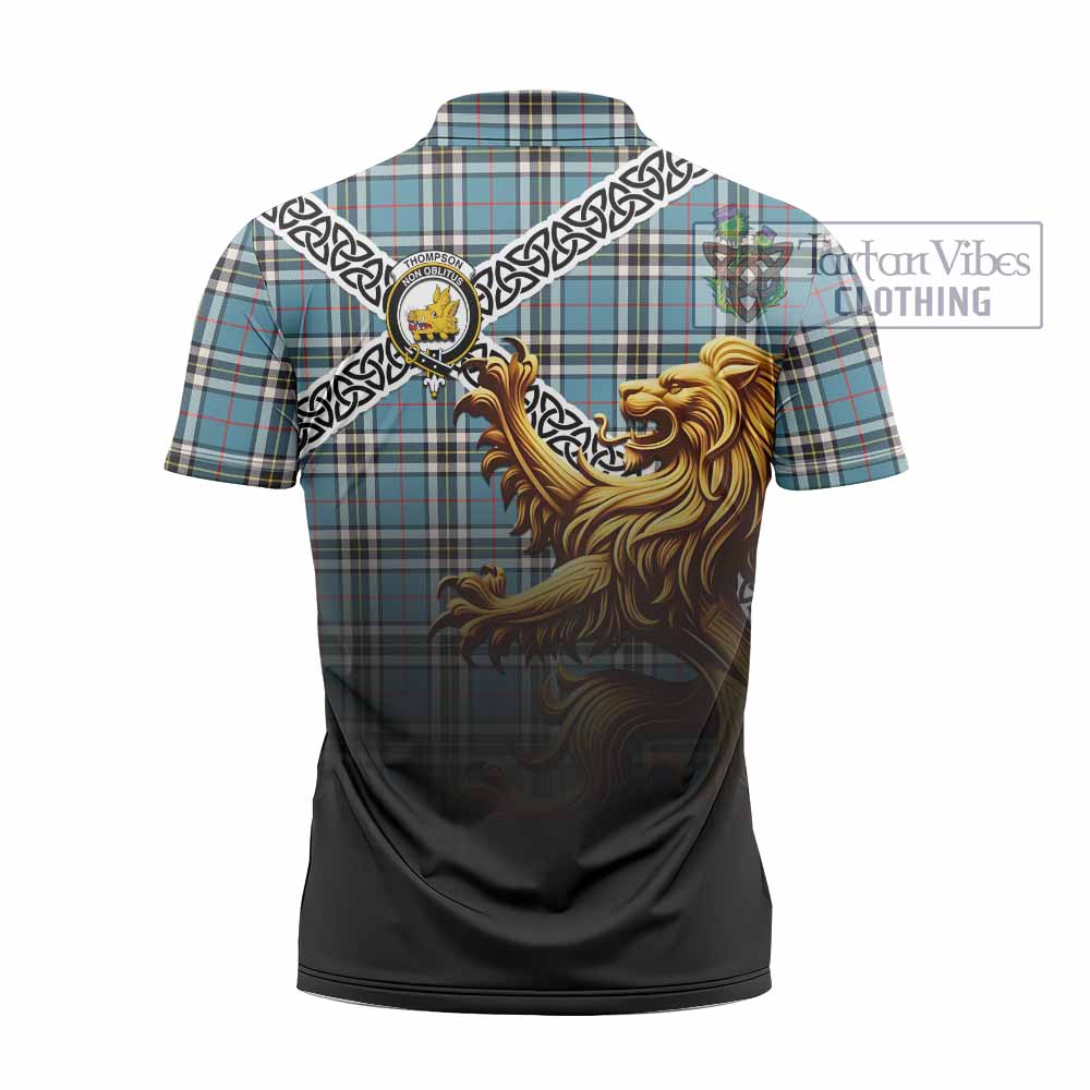 Tartan Vibes Clothing Thompson (Thomson) Crest Tartan Zipper Polo Shirt with Golden Lion Emblem Celtic Style