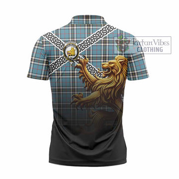 Tartan Vibes Clothing Thompson (Thomson) Crest Tartan Zipper Polo Shirt with Golden Lion Emblem Celtic Style