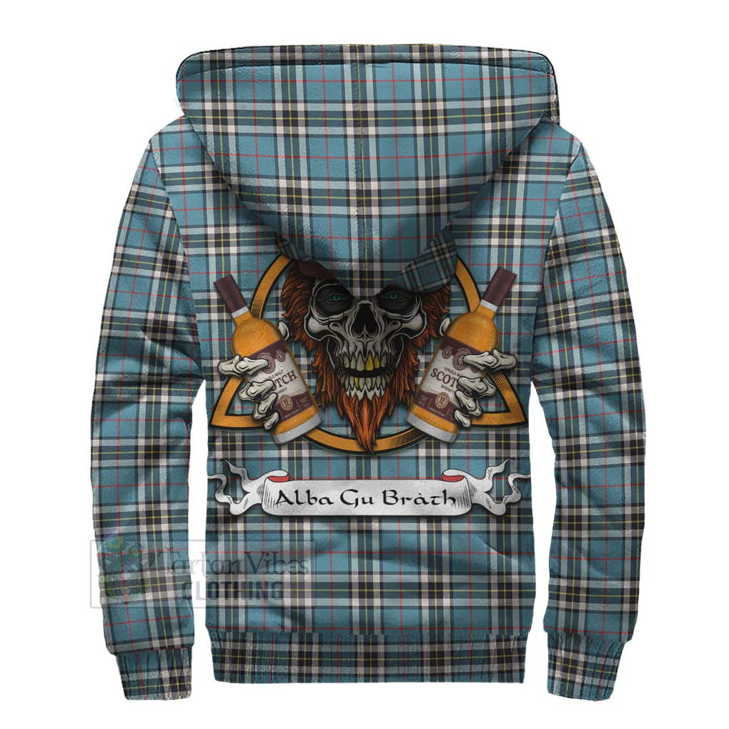 Tartan Vibes Clothing Thompson (Thomson) Tartan Sherpa Hoodie with Family Crest and Bearded Skull Holding Bottles of Whiskey