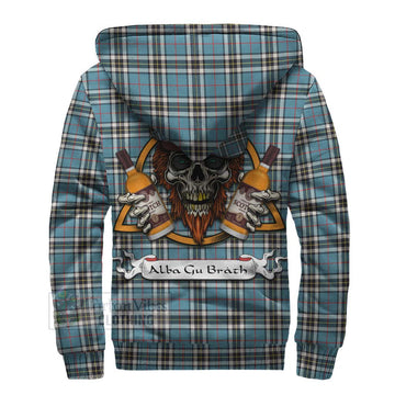 Tartan Vibes Clothing Thompson (Thomson) Tartan Sherpa Hoodie with Family Crest and Bearded Skull Holding Bottles of Whiskey