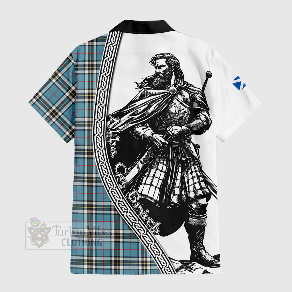 Tartan Vibes Clothing Thompson (Thomson) Tartan Clan Crest Short Sleeve Button Shirt with Highlander Warrior Celtic Style
