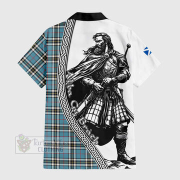 Tartan Vibes Clothing Thompson (Thomson) Tartan Clan Crest Short Sleeve Button Shirt with Highlander Warrior Celtic Style