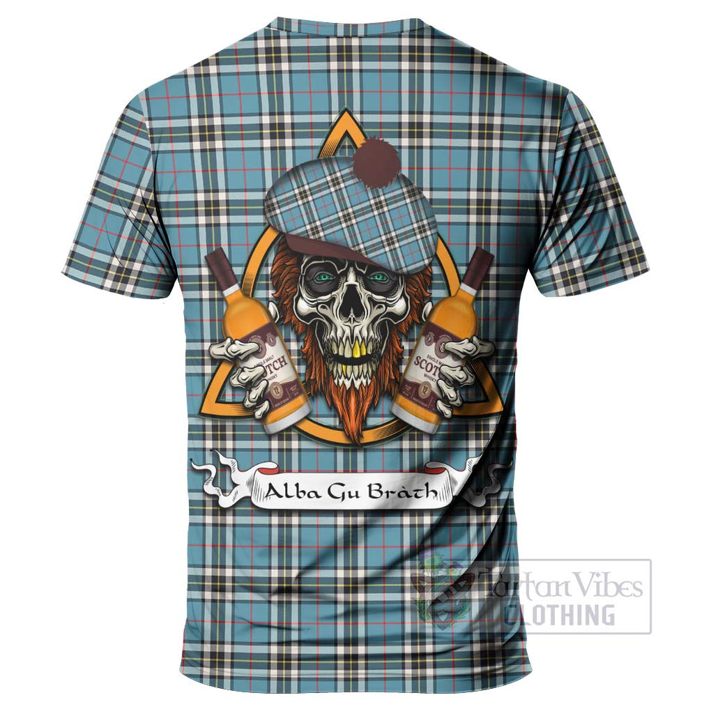Tartan Vibes Clothing Thompson (Thomson) Tartan T-Shirt with Family Crest and Bearded Skull Holding Bottles of Whiskey