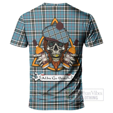 Tartan Vibes Clothing Thompson (Thomson) Tartan T-Shirt with Family Crest and Bearded Skull Holding Bottles of Whiskey