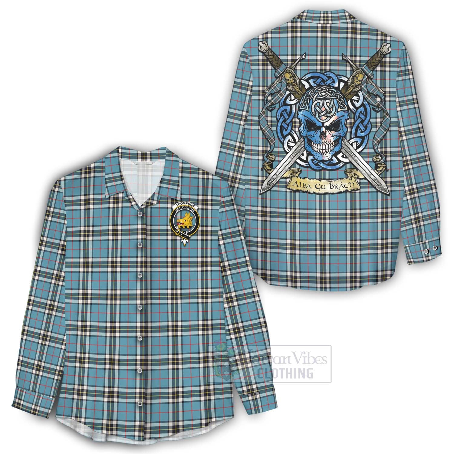 Tartan Vibes Clothing Thompson (Thomson) Tartan Women's Casual Shirt with Family Crest Celtic Skull Style
