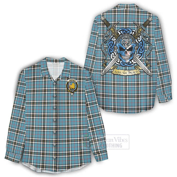 Tartan Vibes Clothing Thompson (Thomson) Tartan Women's Casual Shirt with Family Crest Celtic Skull Style