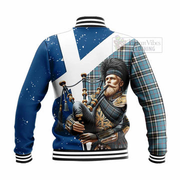 Tartan Vibes Clothing Thompson (Thomson) Tartan Baseball Jacket with Family Crest Scottish Bagpiper Vibes