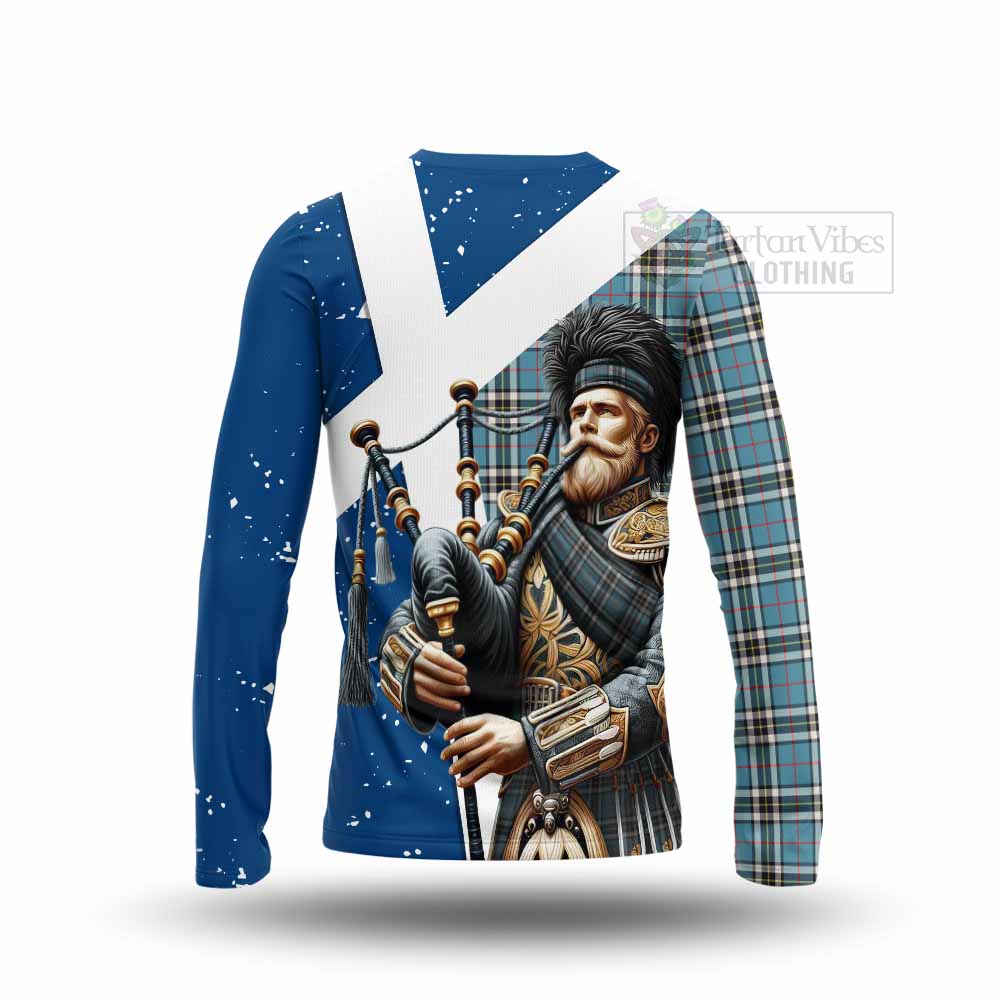 Tartan Vibes Clothing Thompson (Thomson) Tartan Long Sleeve T-Shirt with Family Crest Scottish Bagpiper Vibes