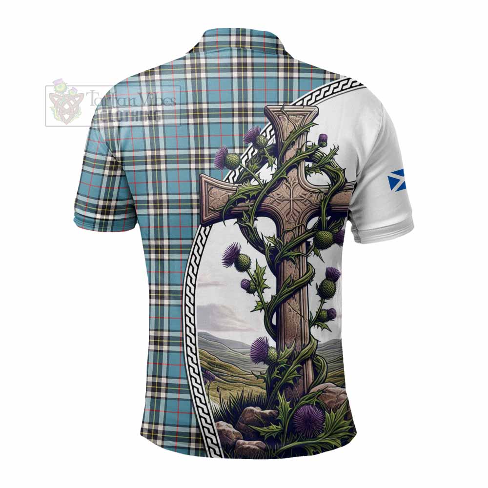 Tartan Vibes Clothing Thompson (Thomson) Tartan Polo Shirt with Family Crest and St. Andrew's Cross Accented by Thistle Vines