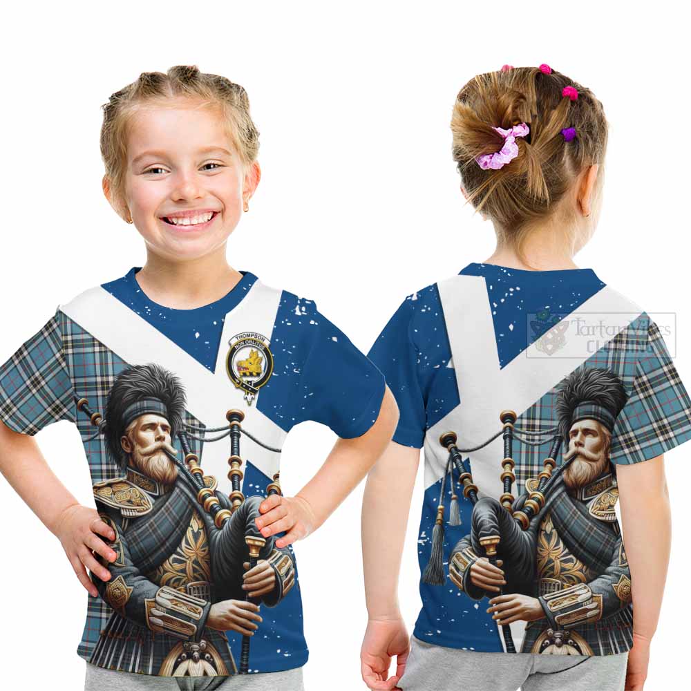 Tartan Vibes Clothing Thompson (Thomson) Tartan Kid T-Shirt with Family Crest Scottish Bagpiper Vibes