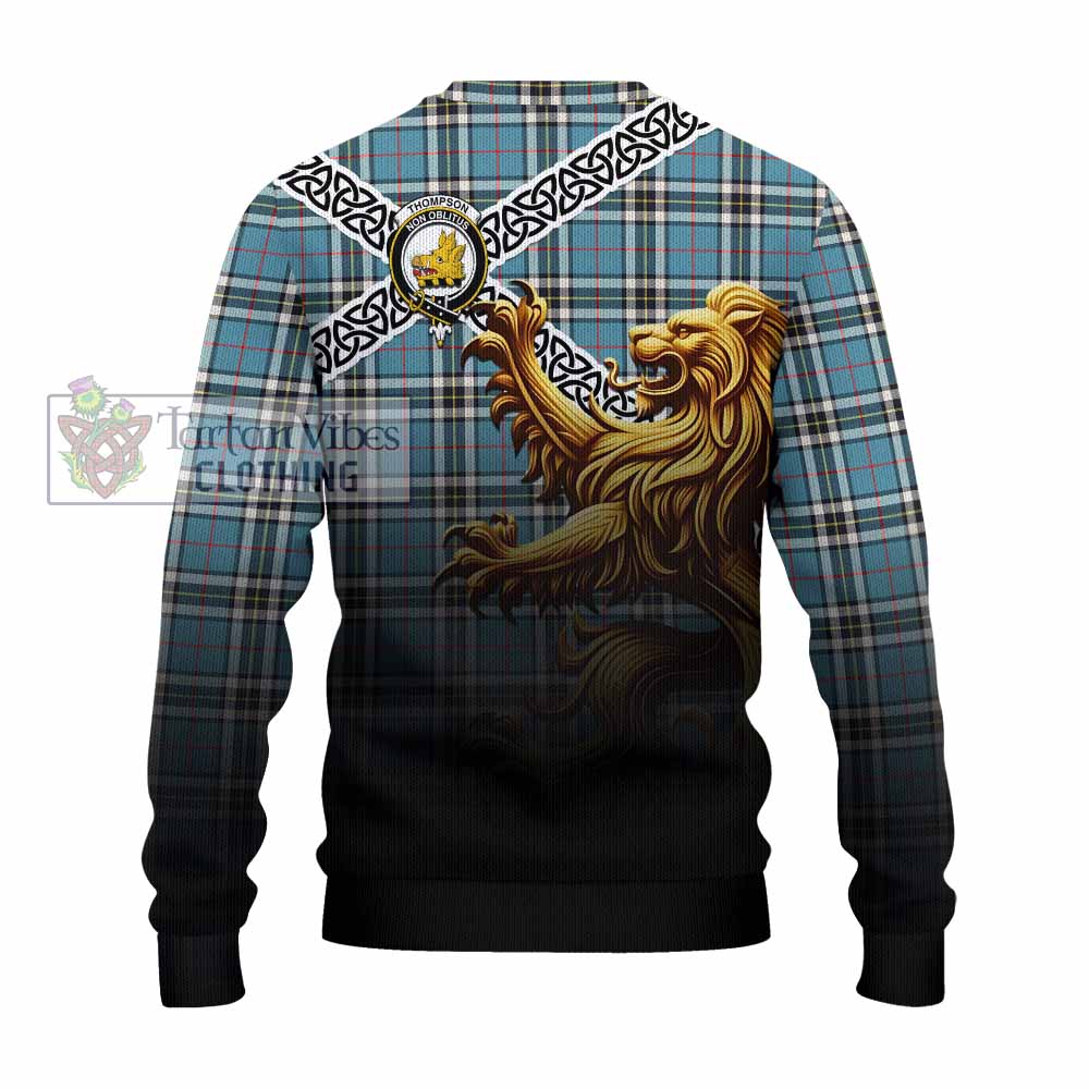 Tartan Vibes Clothing Thompson (Thomson) Crest Tartan Knitted Sweater with Golden Lion Emblem Celtic Style