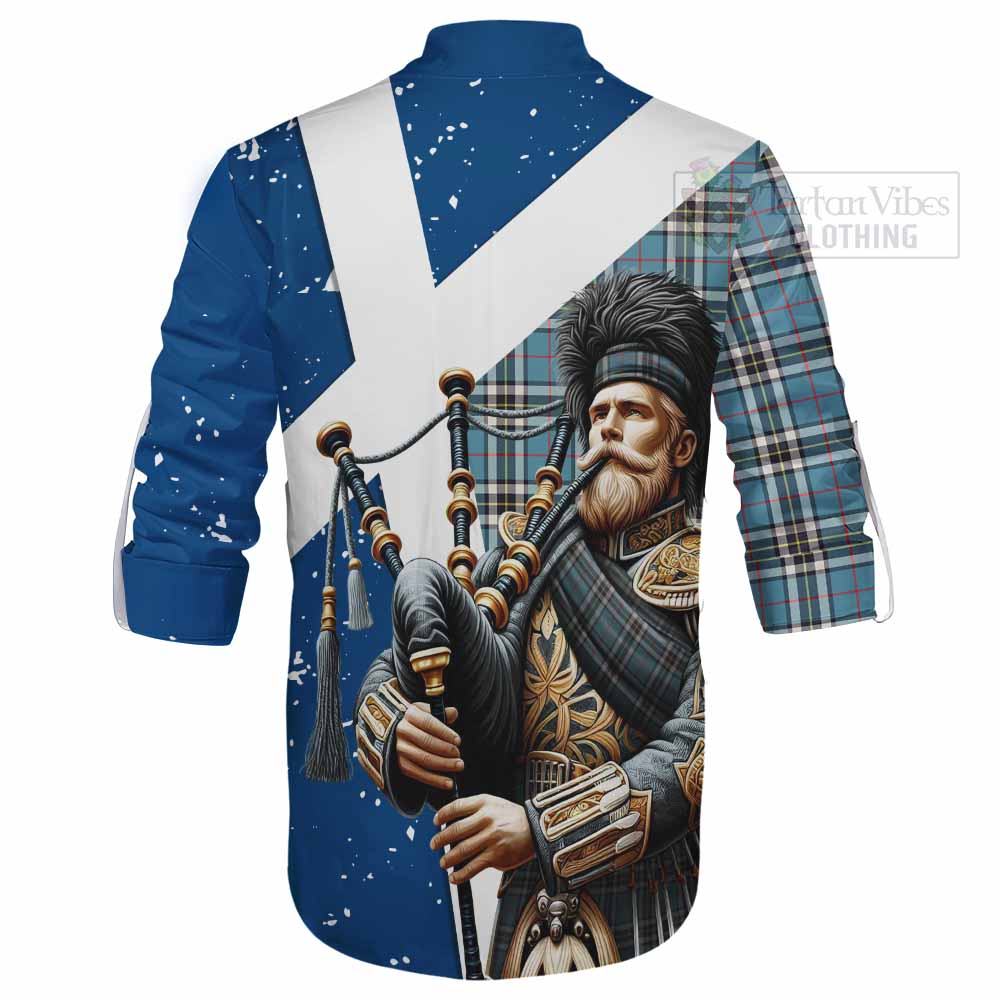 Tartan Vibes Clothing Thompson (Thomson) Tartan Ghillie Kilt Shirt with Family Crest Scottish Bagpiper Vibes