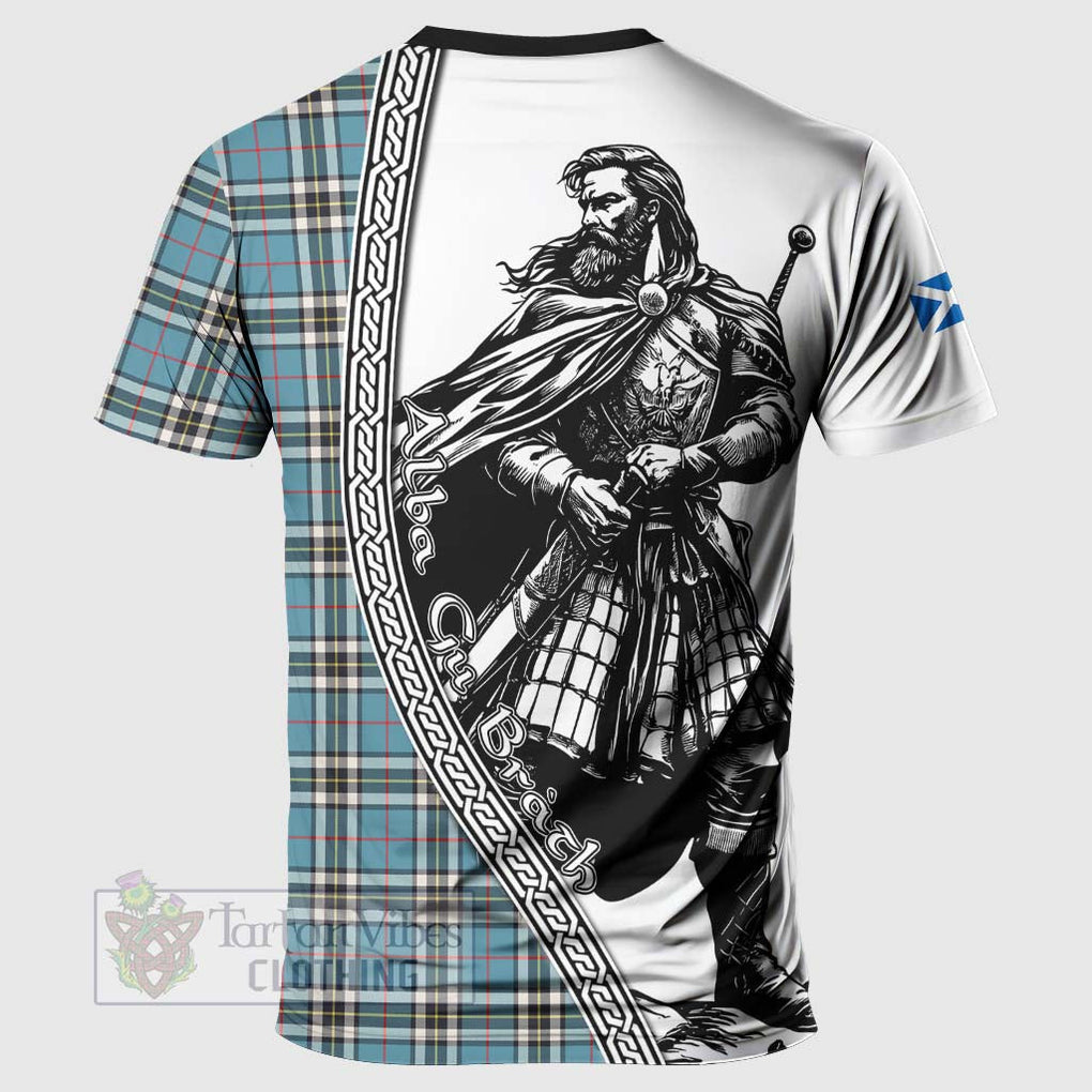Tartan Vibes Clothing Thompson (Thomson) Tartan Clan Crest T-Shirt with Highlander Warrior Celtic Style