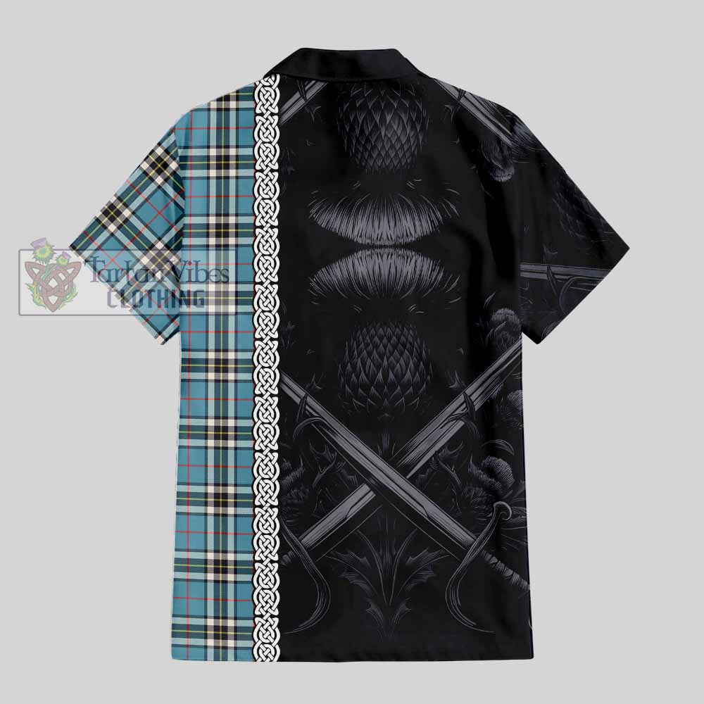 Tartan Vibes Clothing Thompson (Thomson) Tartan Short Sleeve Button Shirt with Family Crest Cross Sword Thistle Celtic Vibes