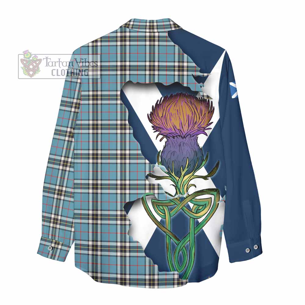 Tartan Vibes Clothing Thompson (Thomson) Tartan Family Crest Women's Casual Shirt Scottish Thistle Celtic Inspired