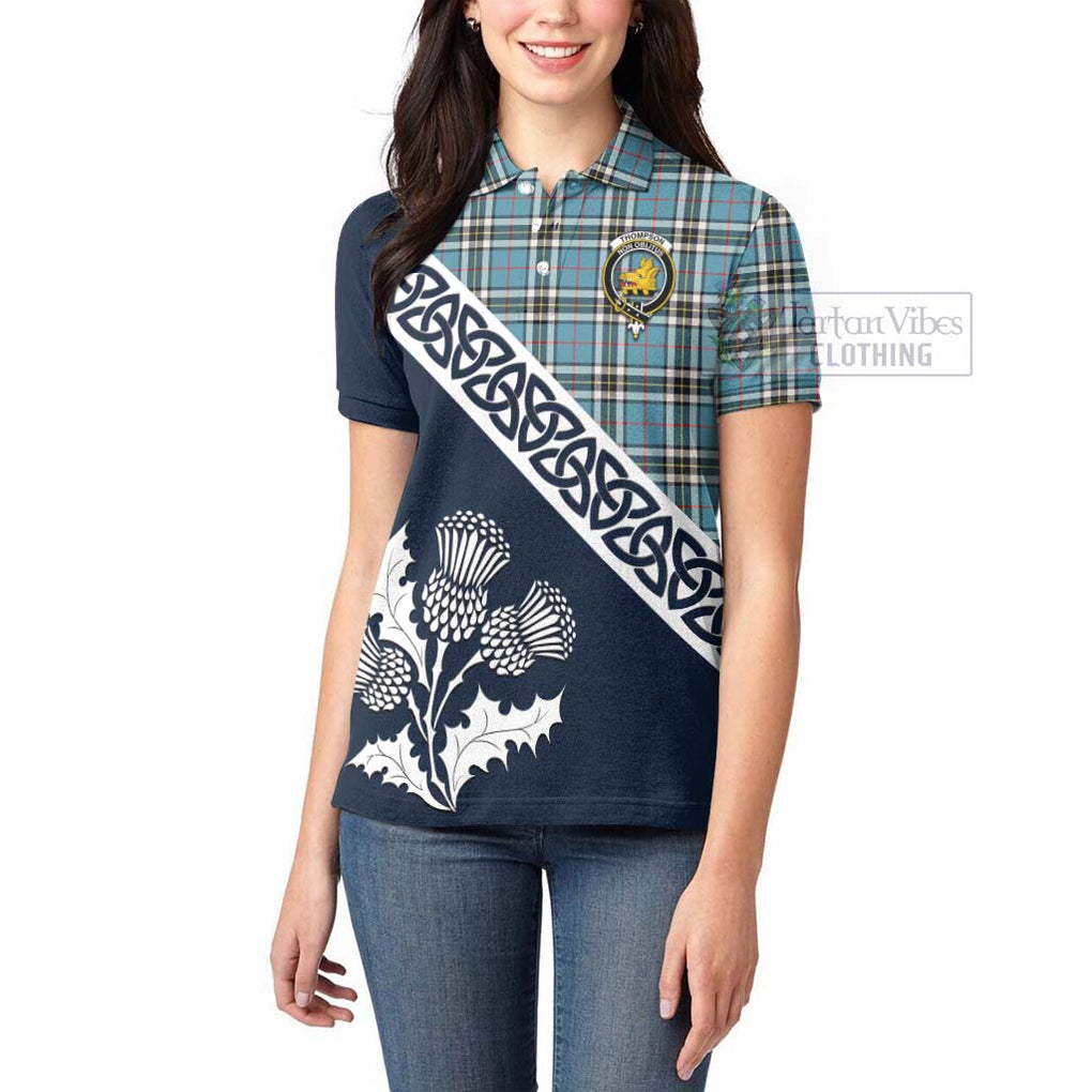 Tartan Vibes Clothing Thompson (Thomson) Tartan Women's Polo Shirt Featuring Thistle and Scotland Map