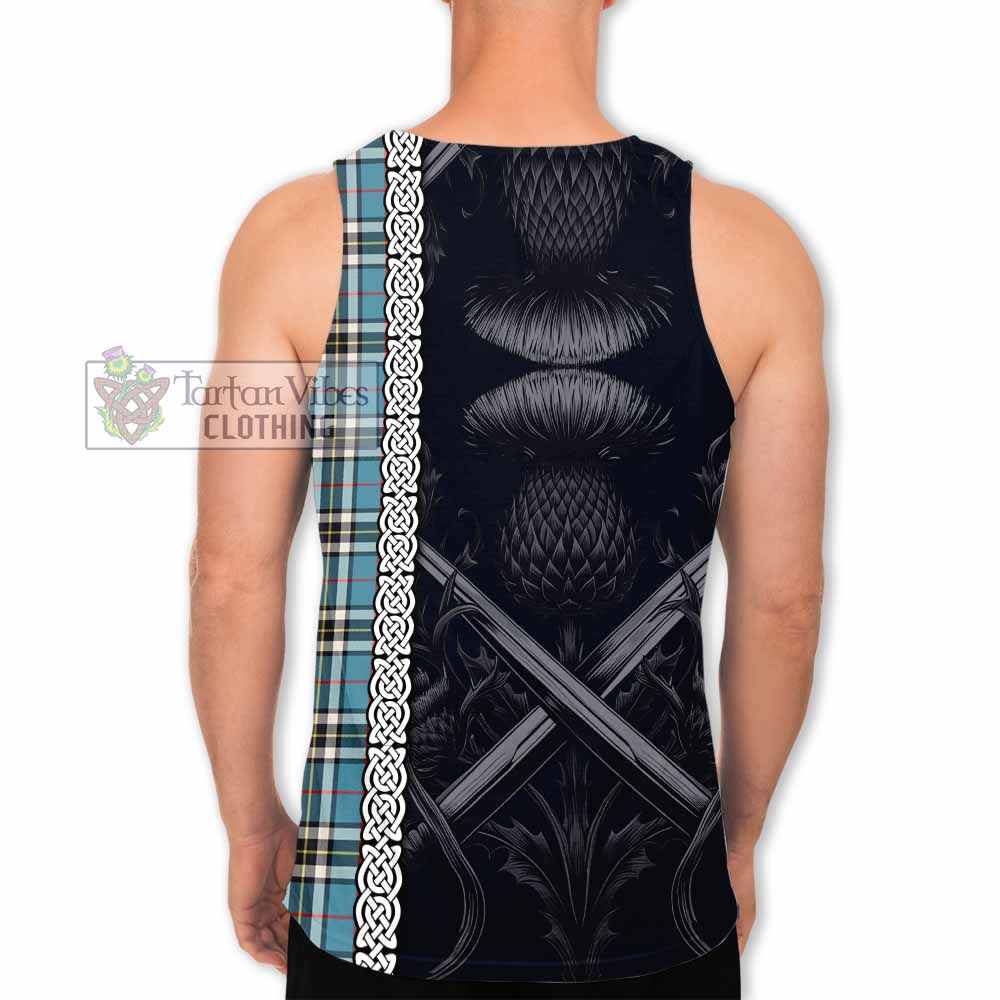 Tartan Vibes Clothing Thompson (Thomson) Tartan Men's Tank Top with Family Crest Cross Sword Thistle Celtic Vibes