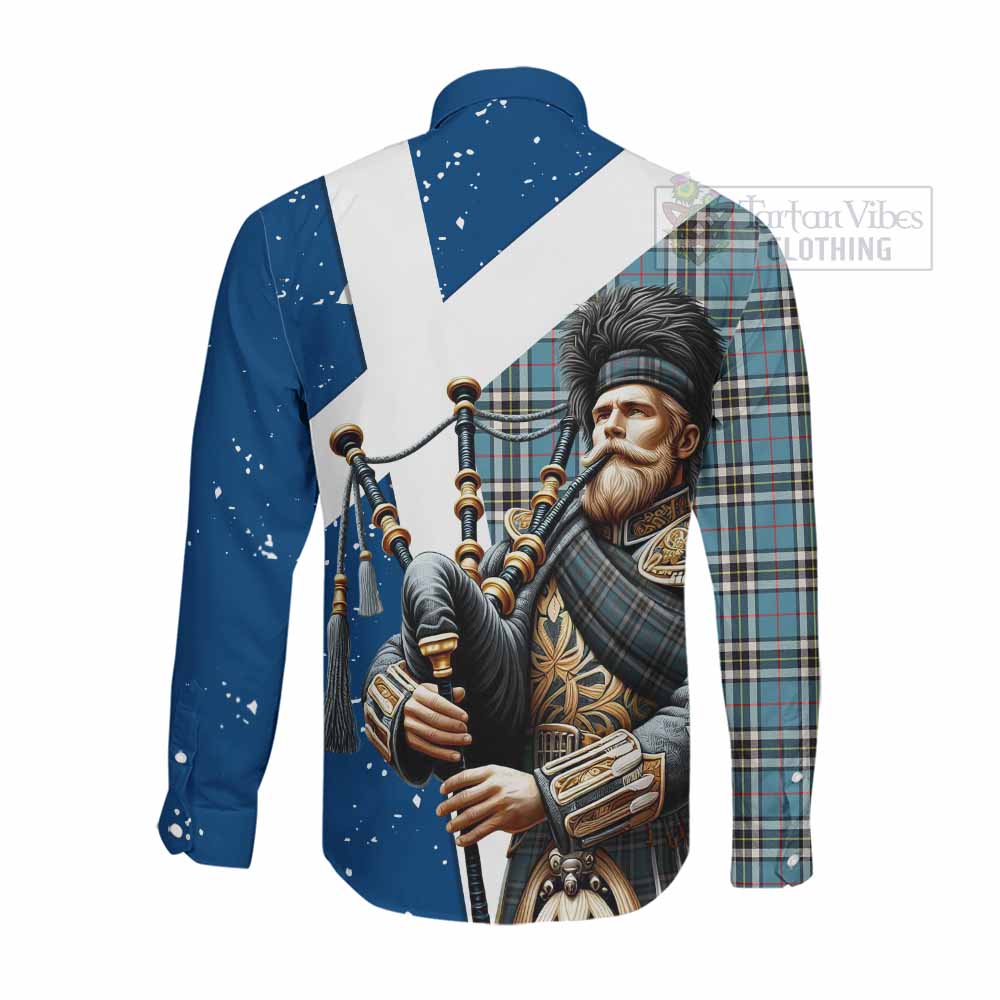 Tartan Vibes Clothing Thompson (Thomson) Tartan Long Sleeve Button Shirt with Family Crest Scottish Bagpiper Vibes