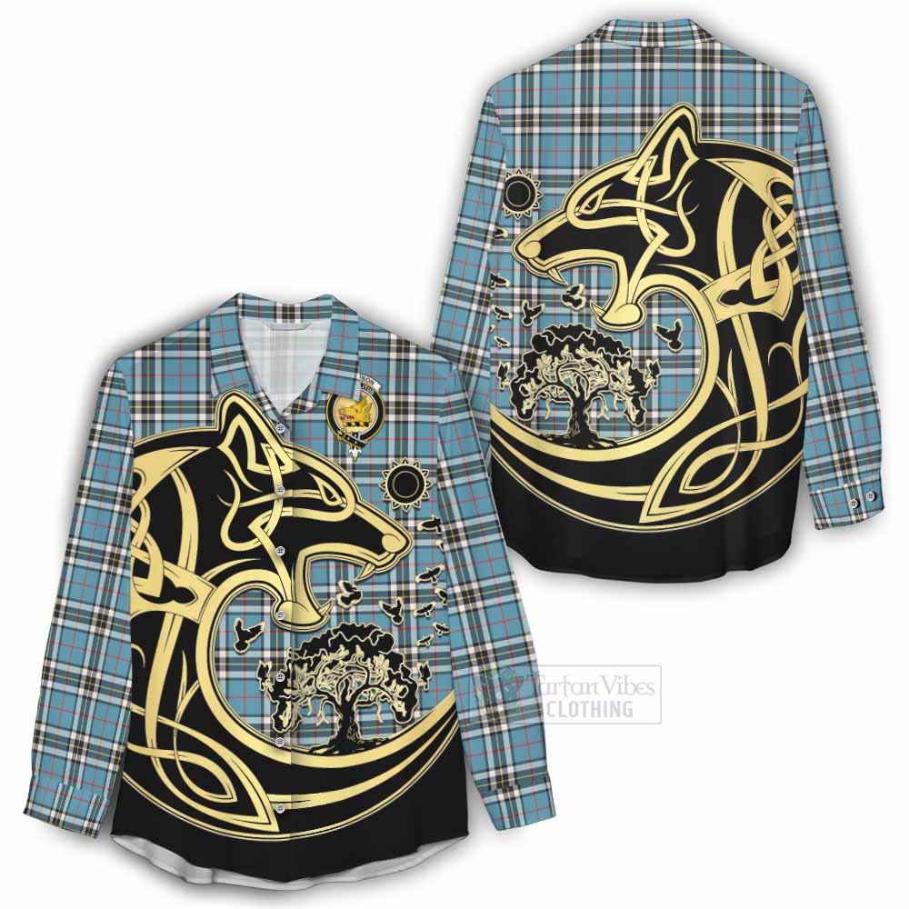 Tartan Vibes Clothing Thompson (Thomson) Tartan Women's Casual Shirt with Family Crest Celtic Wolf Style