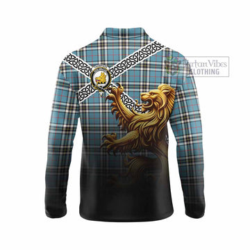 Tartan Vibes Clothing Thompson (Thomson) Crest Tartan Long Sleeve Polo Shirt with Golden Lion Emblem Celtic Style