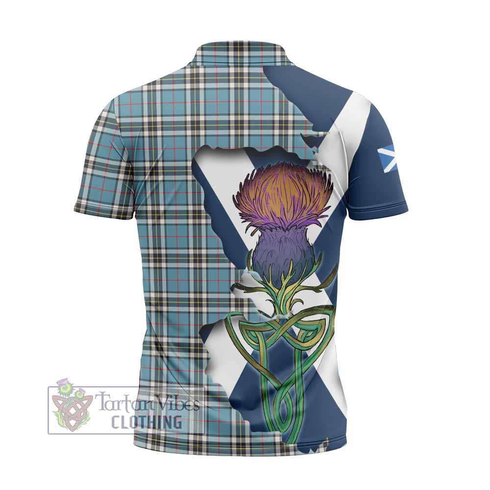 Tartan Vibes Clothing Thompson (Thomson) Tartan Family Crest Zipper Polo Shirt Scottish Thistle Celtic Inspired