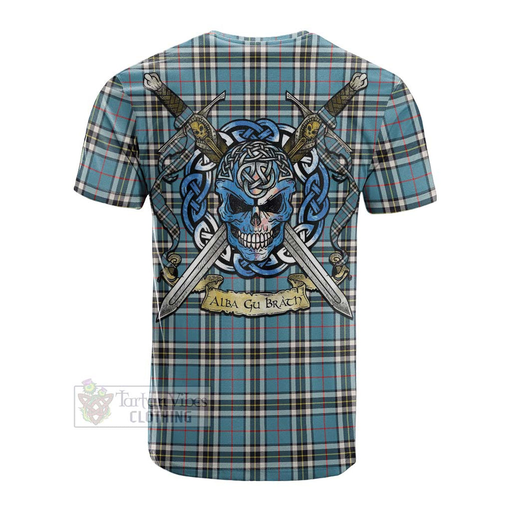 Tartan Vibes Clothing Thompson (Thomson) Tartan Cotton T-shirt with Family Crest Celtic Skull Style