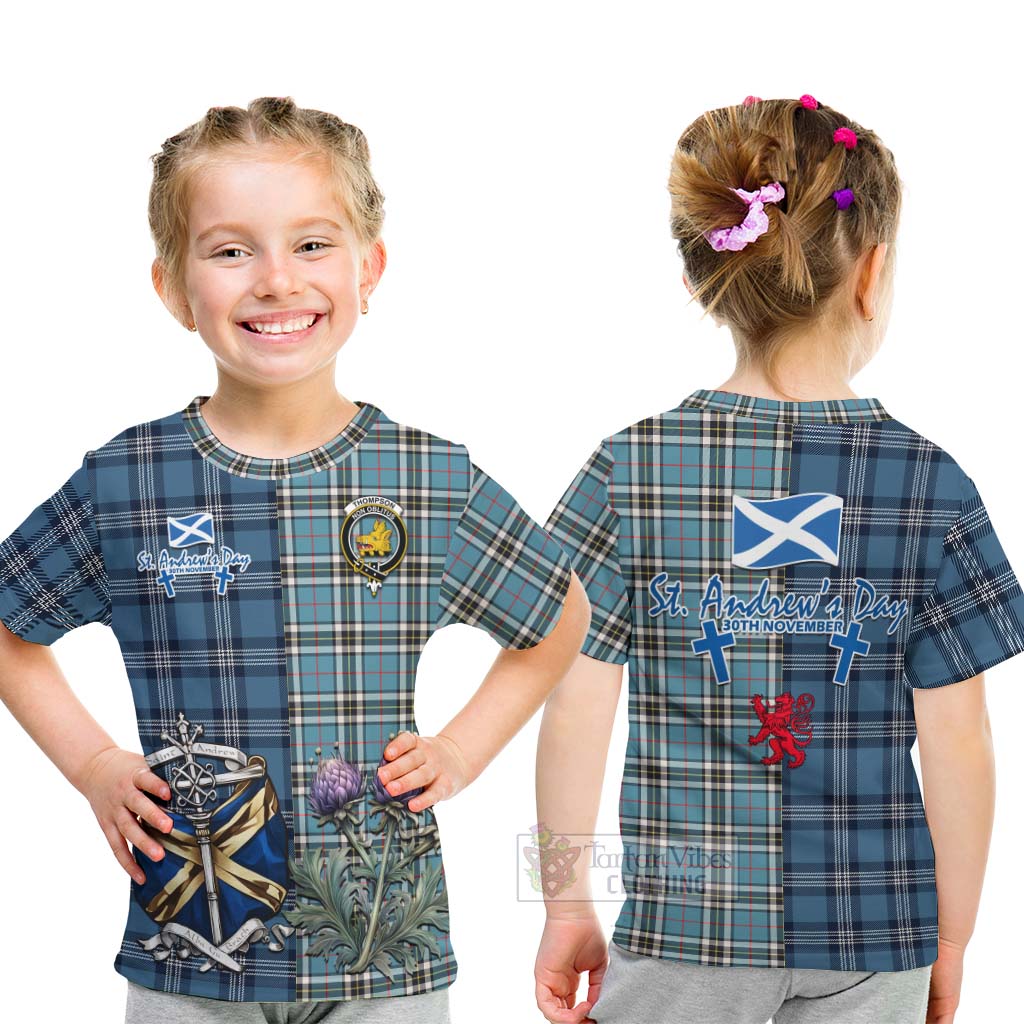 Tartan Vibes Clothing Thompson (Thomson) Tartan Kid T-Shirt Happy St. Andrew's Day Half Tartan Style