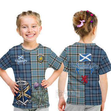 Tartan Vibes Clothing Thompson (Thomson) Tartan Kid T-Shirt Happy St. Andrew's Day Half Tartan Style