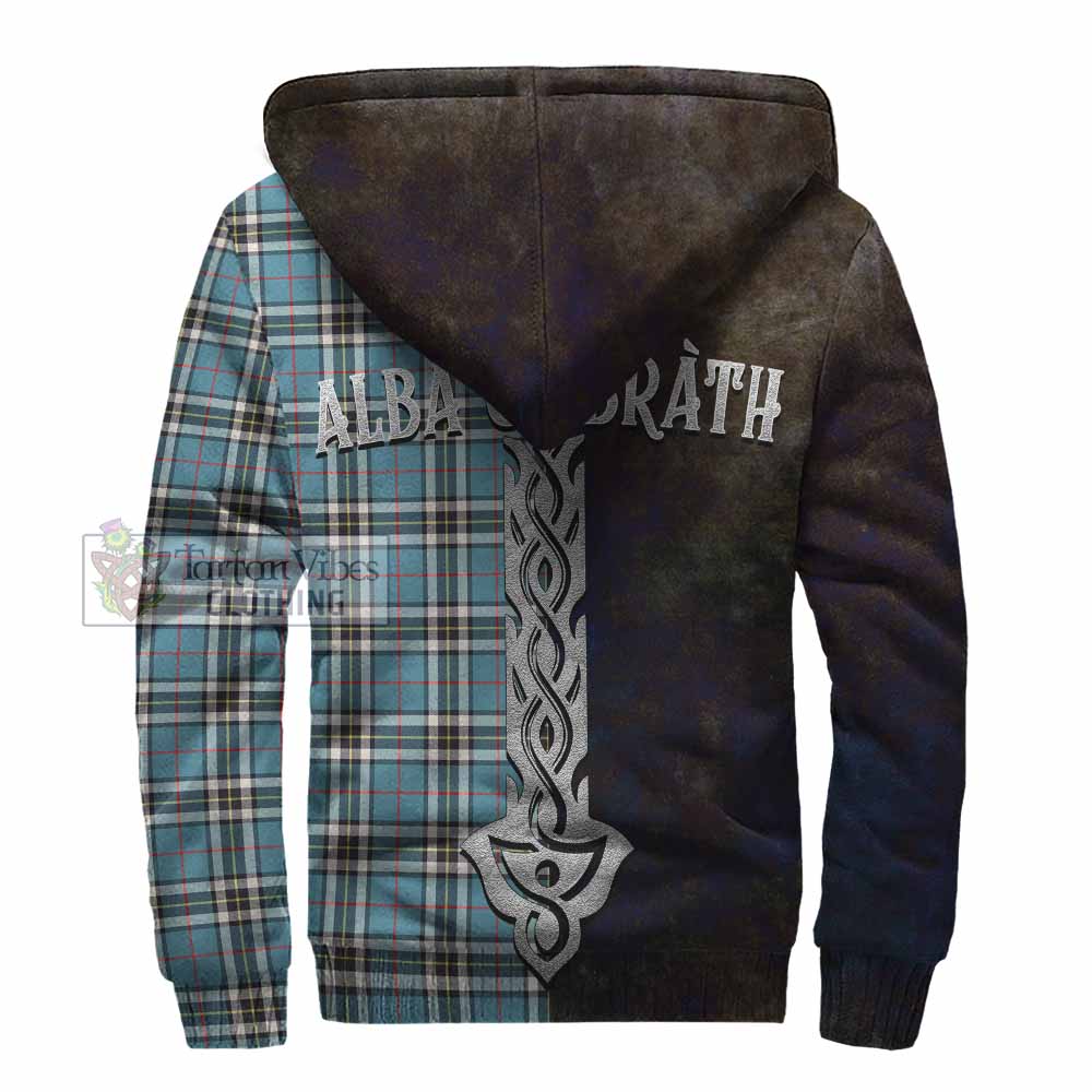 Tartan Vibes Clothing Thompson (Thomson) Tartan Family Crest Sherpa Hoodie Alba Gu Brath Be Brave Lion Ancient Style