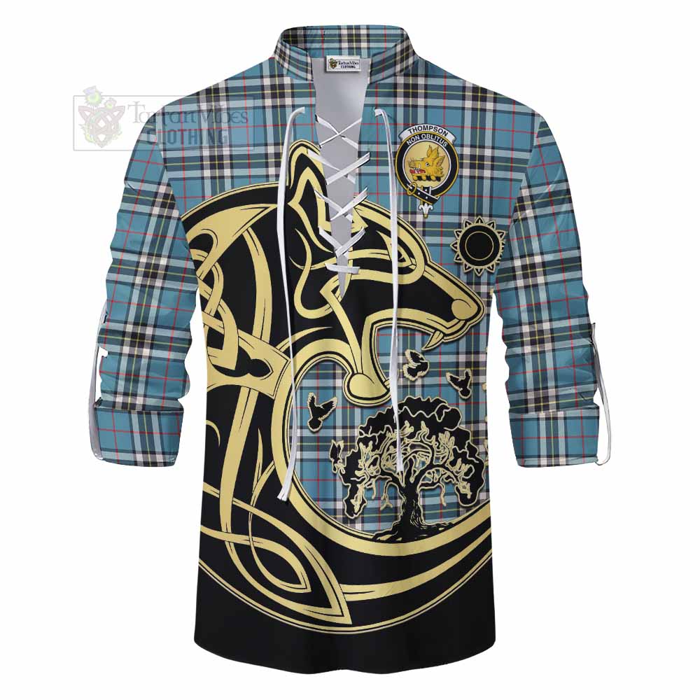 Tartan Vibes Clothing Thompson (Thomson) Tartan Ghillie Kilt Shirt with Family Crest Celtic Wolf Style