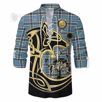 Tartan Vibes Clothing Thompson (Thomson) Tartan Ghillie Kilt Shirt with Family Crest Celtic Wolf Style