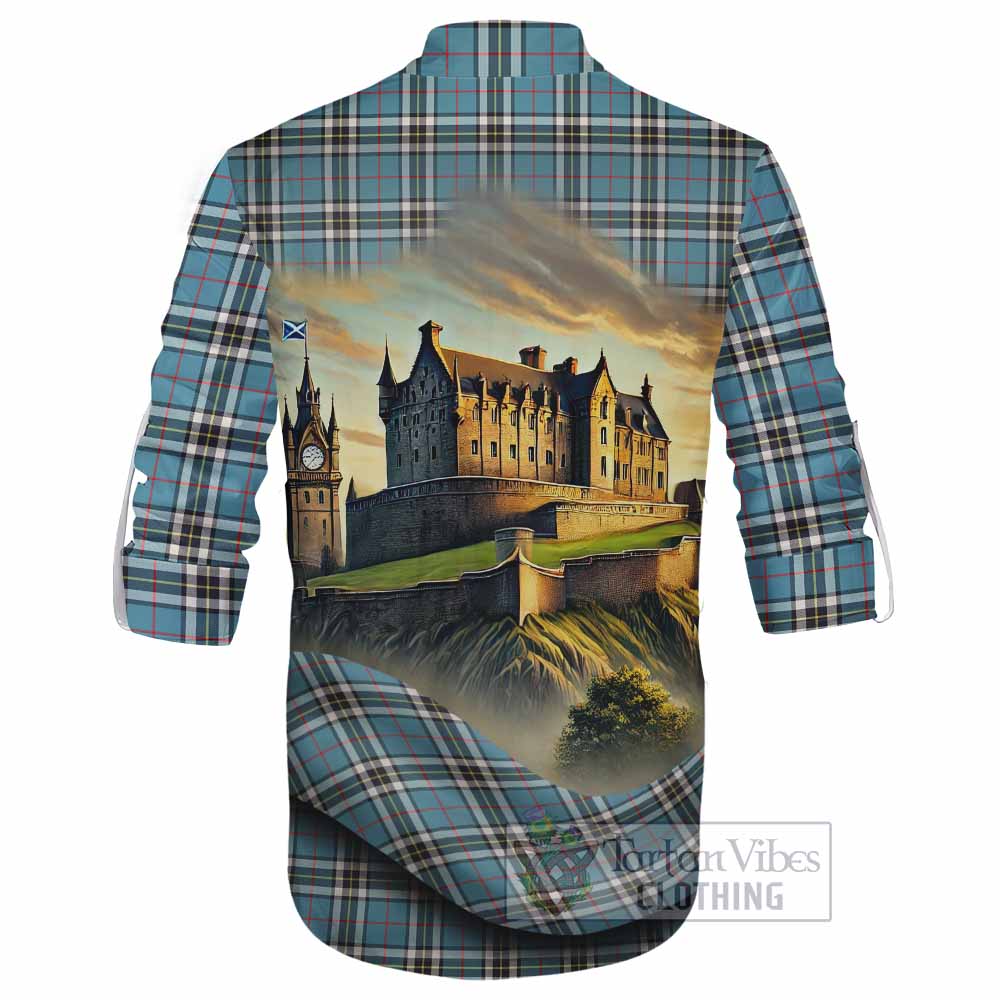 Tartan Vibes Clothing Thompson (Thomson) Tartan Family Crest Ghillie Kilt Shirt with Scottish Ancient Castle Style