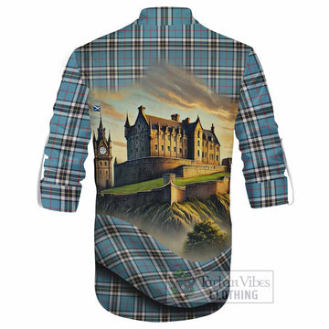 Tartan Vibes Clothing Thompson (Thomson) Tartan Family Crest Ghillie Kilt Shirt with Scottish Ancient Castle Style