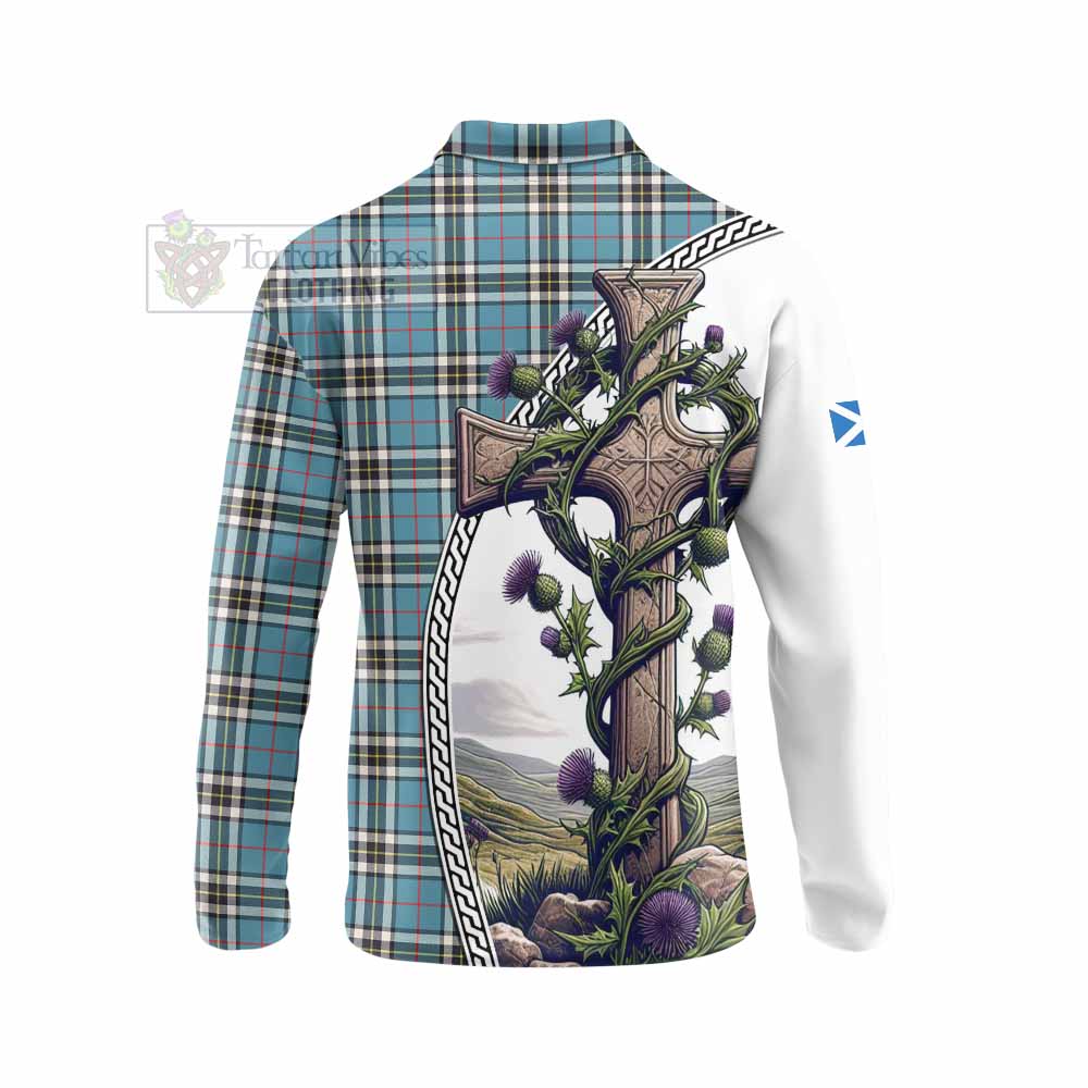Tartan Vibes Clothing Thompson (Thomson) Tartan Long Sleeve Polo Shirt with Family Crest and St. Andrew's Cross Accented by Thistle Vines