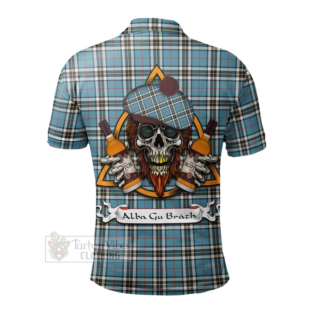 Tartan Vibes Clothing Thompson (Thomson) Tartan Polo Shirt with Family Crest and Bearded Skull Holding Bottles of Whiskey