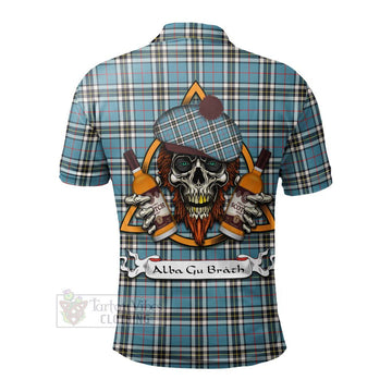 Tartan Vibes Clothing Thompson (Thomson) Tartan Polo Shirt with Family Crest and Bearded Skull Holding Bottles of Whiskey