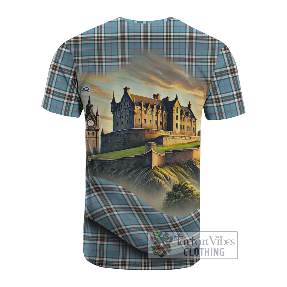 Tartan Vibes Clothing Thompson (Thomson) Tartan Family Crest Cotton T-shirt with Scottish Ancient Castle Style