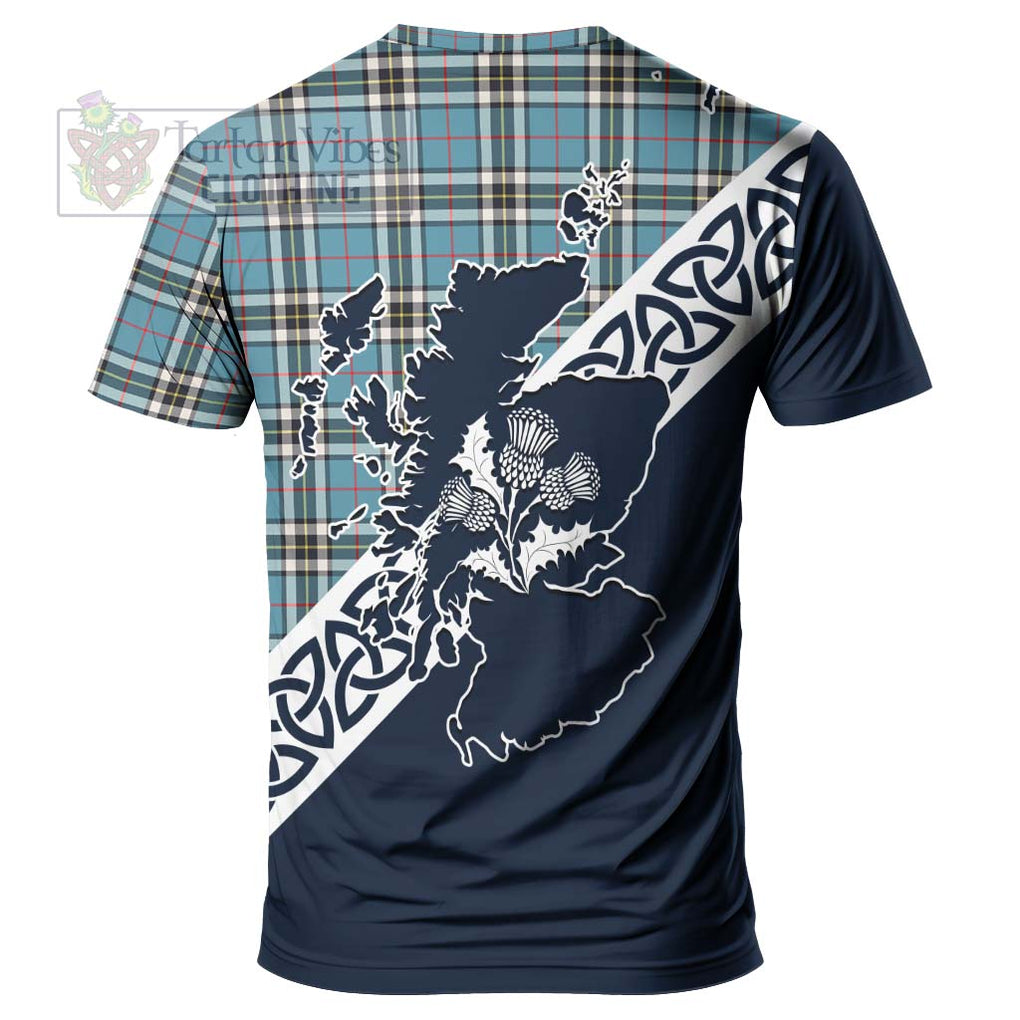 Thompson (Thomson) Tartan T-Shirt Featuring Thistle and Scotland Map