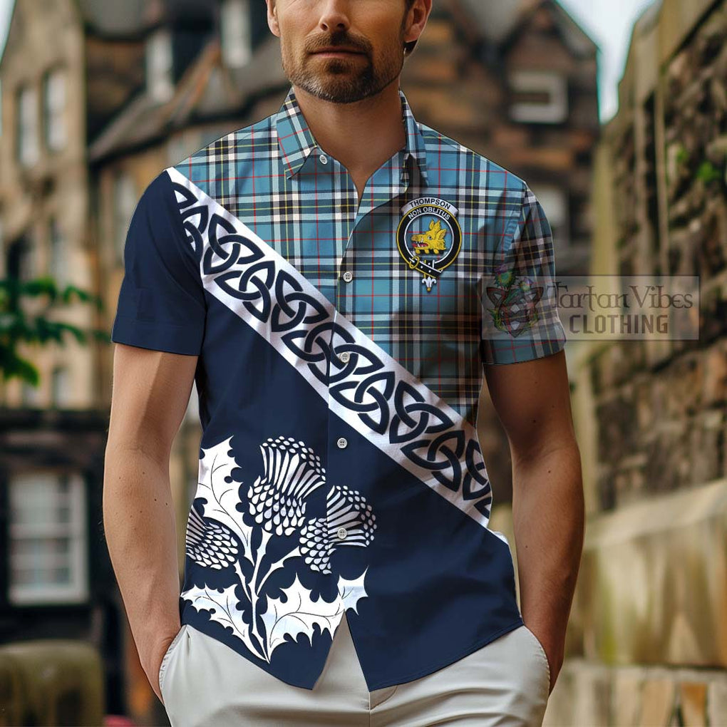 Tartan Vibes Clothing Thompson (Thomson) Tartan Short Sleeve Button Shirt Featuring Thistle and Scotland Map