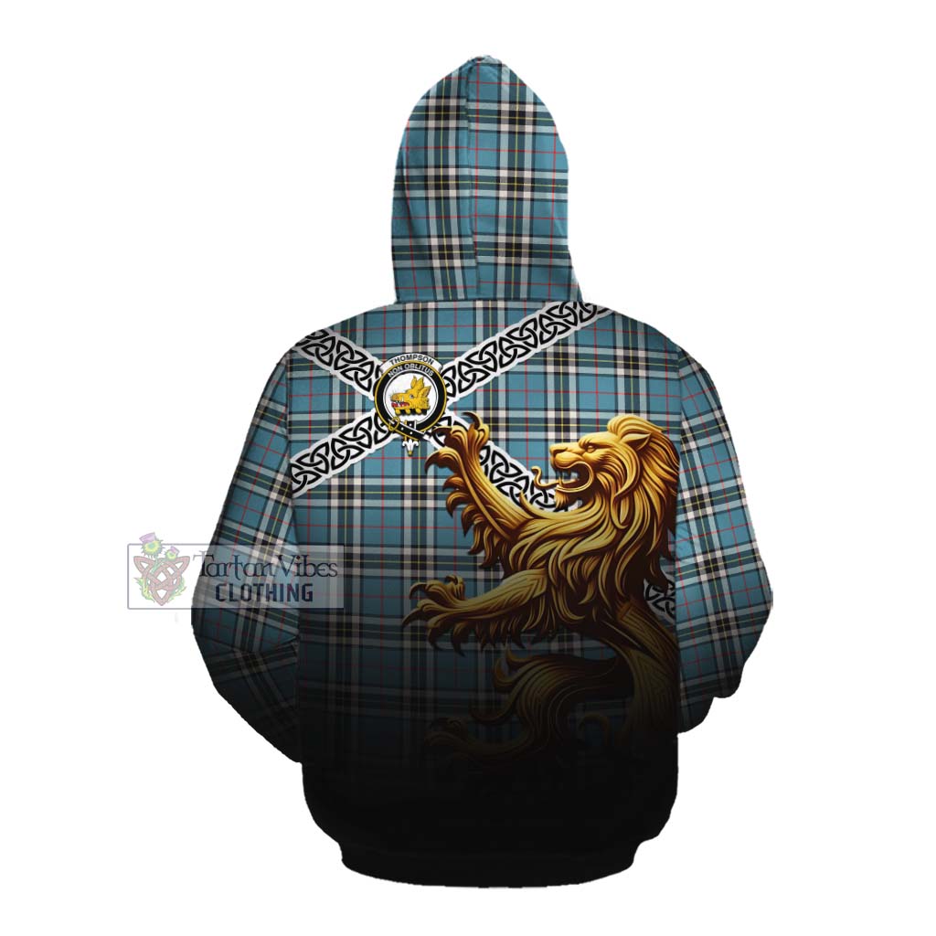 Tartan Vibes Clothing Thompson (Thomson) Crest Tartan Cotton Hoodie with Golden Lion Emblem Celtic Style