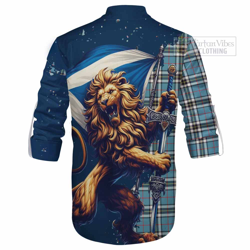 Tartan Vibes Clothing Thompson (Thomson) Tartan Family Crest Ghillie Kilt Shirt with Scottish Majestic Lion