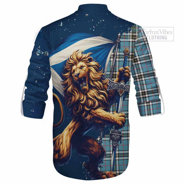 Tartan Vibes Clothing Thompson (Thomson) Tartan Family Crest Ghillie Kilt Shirt with Scottish Majestic Lion