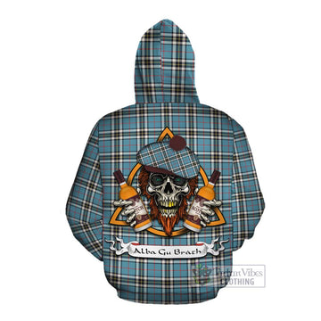 Tartan Vibes Clothing Thompson (Thomson) Tartan Cotton Hoodie with Family Crest and Bearded Skull Holding Bottles of Whiskey