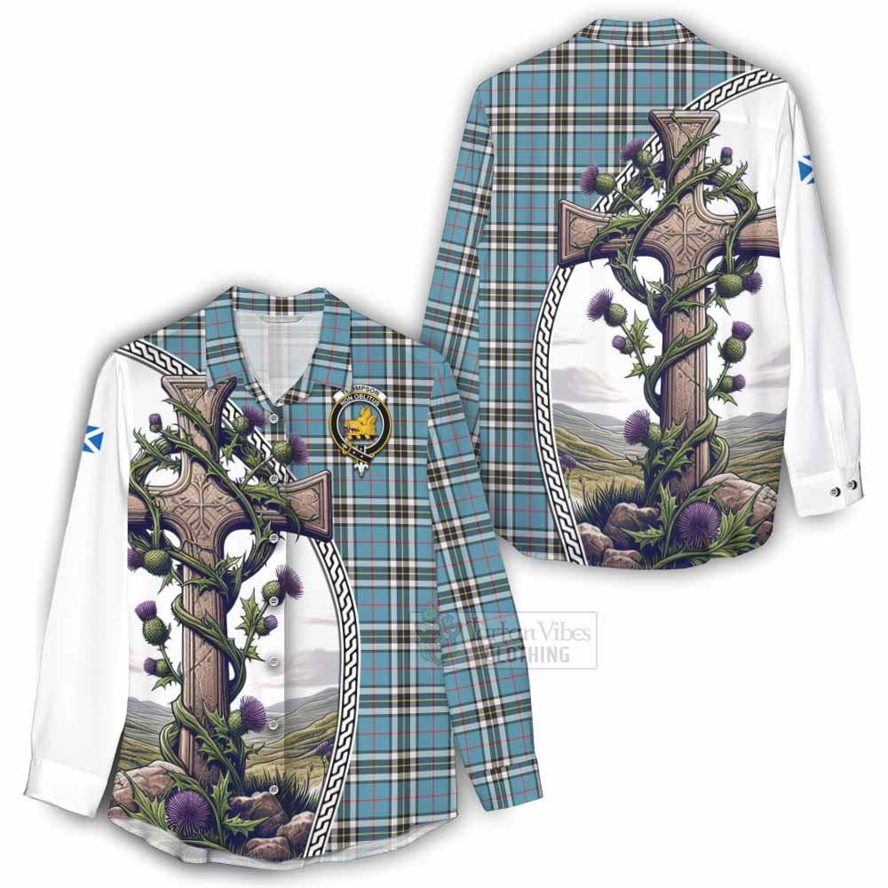 Tartan Vibes Clothing Thompson (Thomson) Tartan Women's Casual Shirt with Family Crest and St. Andrew's Cross Accented by Thistle Vines