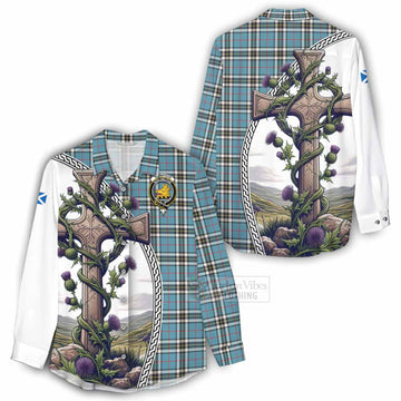 Tartan Vibes Clothing Thompson (Thomson) Tartan Women's Casual Shirt with Family Crest and St. Andrew's Cross Accented by Thistle Vines