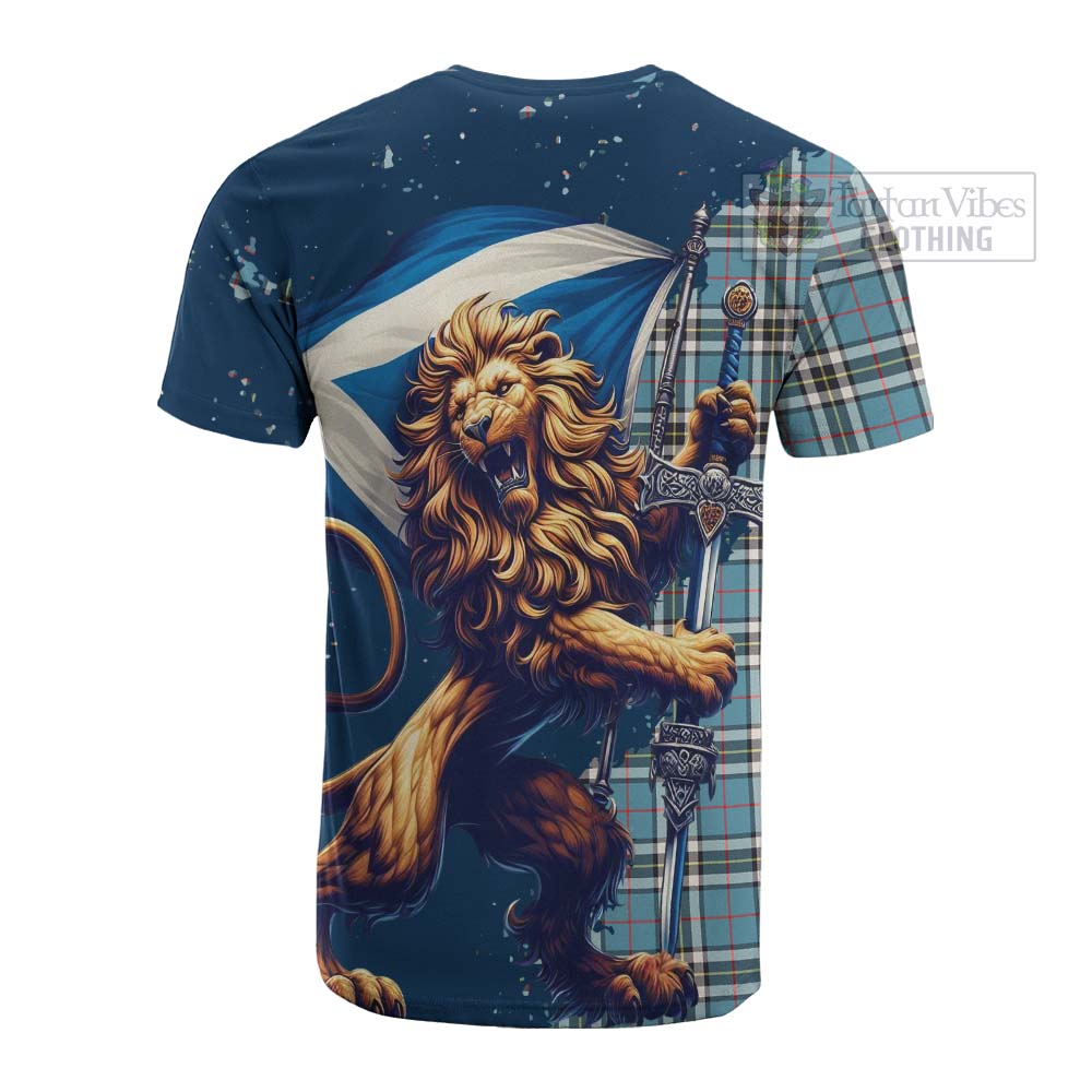 Tartan Vibes Clothing Thompson (Thomson) Tartan Family Crest Cotton T-shirt with Scottish Majestic Lion