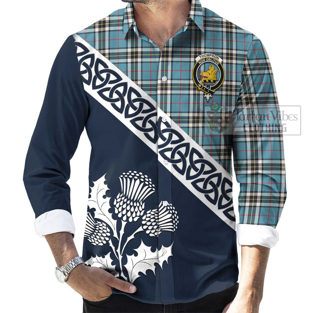 Tartan Vibes Clothing Thompson (Thomson) Tartan Long Sleeve Button Shirt Featuring Thistle and Scotland Map