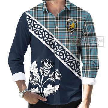 Tartan Vibes Clothing Thompson (Thomson) Tartan Long Sleeve Button Shirt Featuring Thistle and Scotland Map