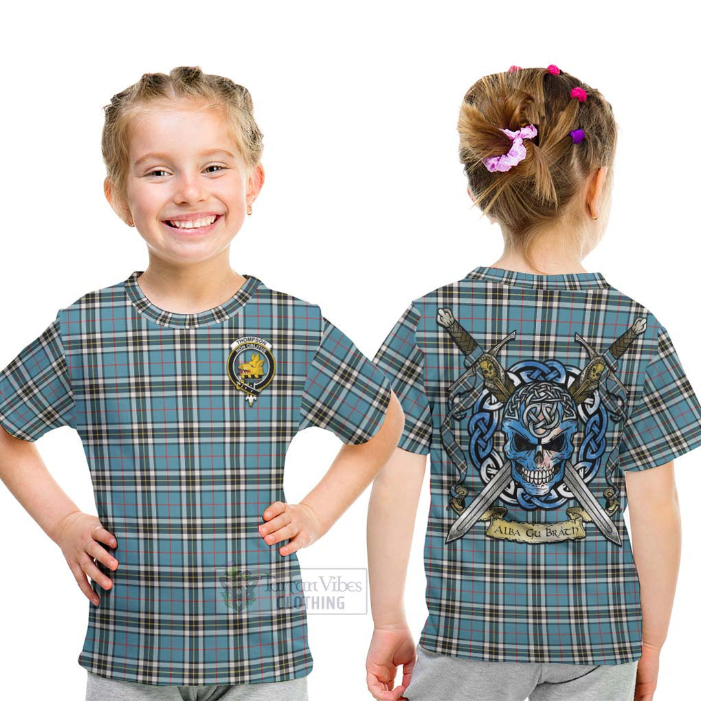 Tartan Vibes Clothing Thompson (Thomson) Tartan Kid T-Shirt with Family Crest Celtic Skull Style
